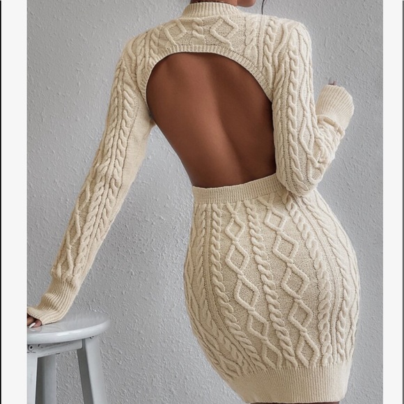 Cut Out Backless Cable Knit Long Sleeves Sweater Dress Sexy - Picture 7 of 9